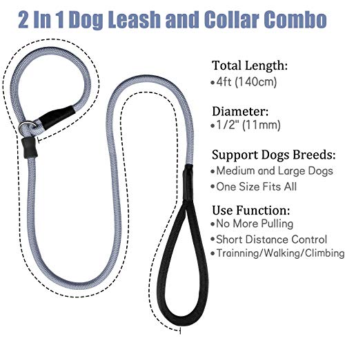 Strong Slip Rope Dog Training Leash (4Ft) - Heavy Duty Durable Braided Nylon Lead With Rubber Stopper & Padded Handle - No Pull Walking Climbing For Medium Large Dogs (Grey, 1/2" X 4Ft) #TOP3