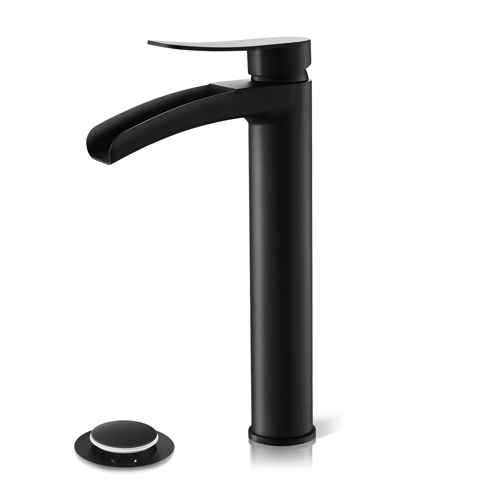 Phiestina Matte Black Tall Bathroom Vessel Sink Faucet, Waterfall Single Hole Single Handle Above Countertop Sink Bathroom Faucet, with Metal Pop Up Drain and Water Supply Lines, NS-SF01-MB-V