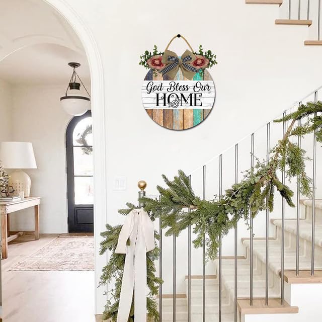 Geroclonup God Bless Our Home Wall Decor 28X28 cm Ghirlanda rotonda da appendere decorazione per esterni interni casa portico fattoria decorazione per tutte le stagioni vacanza regalo di inaugurazione