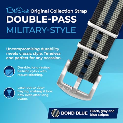 Image of BluShark - Original Collection Military-Style Waterproof Watch Strap, Fits All Timepiece Brands, Durable Nylon Wristwatch Accessories with Stainless Steel Buckle - 18mm, 20mm, 22mm & 24mm Watch Bands