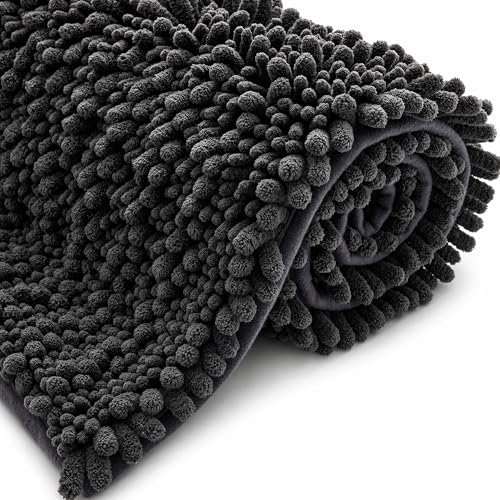 Image of ILANGO Bathroom Rugs Dark Grey 32x20,Extra Soft Absorbent Chenille Bath Rugs,Thick Non-Slip Shaggy Bath Mat,Machine Washable Quick Dry Bath Mats for Bathroom Floor, Tub, Shower Accessories