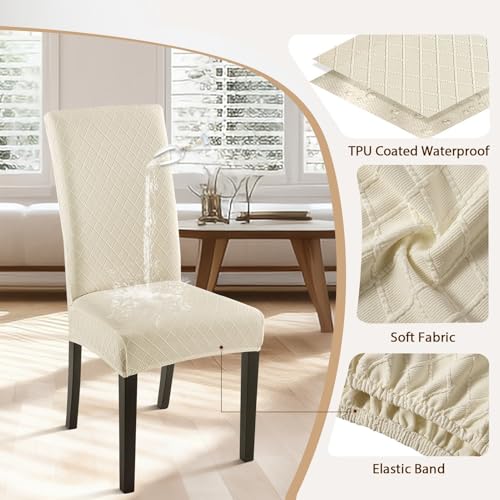 Image of SearchI Waterproof Dining Room Chair Covers Set of 4, Stretch Jacquard Parsons Chair Slipcovers Removable Washable Kitchen Chair Protector for Dining Room, Hotel, Banquet(Beige Rhombus)