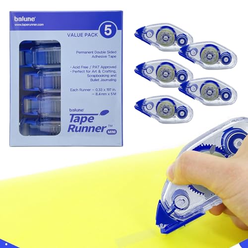 TAPE RUNNER - Double Sided Adhesive with Dispenser Roller Included - Acid Free, Sticky, Clear &amp; Transparent - Ideal for Scrapbooking, Crafts &amp; More - Mini (197 inches per Cartridge), 5 Cartridges
