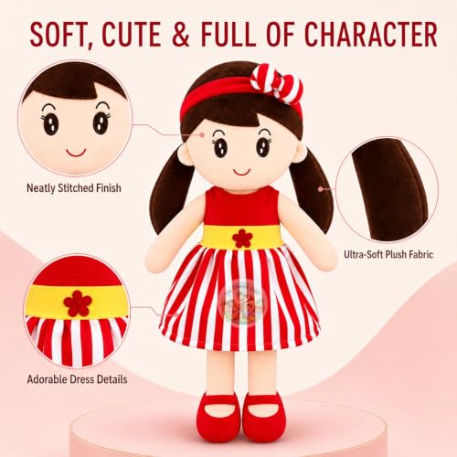 Image of Cute Doll 45 cm for Kids, Soft Plush Doll with Stylish Dress, Huggable Stuffed Toy for Girls and Boys, Birthday Gift, Room Decor & Pretend Play and Storytelling Companion, Red Soft Toy