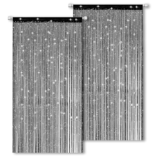 ElevaPulse Fliegenvorhang Terrassentür 200x100cm - 2 Stück Insektenschutz Türvorhang mit Perlen Balkontür Fliegengitter aus Polyester Glitzer Schwarz