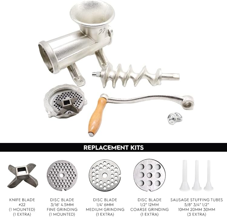 #22 Tin Coated Cast Iron Manual Meat Grinder, Portable Meat Mincer Sausage Stuffer Burger Patty Maker Pepper Grinding Machine, for Home Kitchen Restaurant Hotel Canteen Butcher