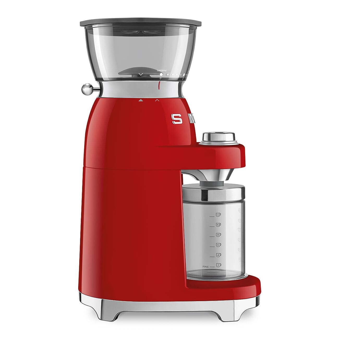 Smeg, Molinillo de café CGF03RDEU, 15 niveles de molienda, recipiente de granos de café de 240 g, molienda ajustable, con sistema antiestático, 150 W, color rojo