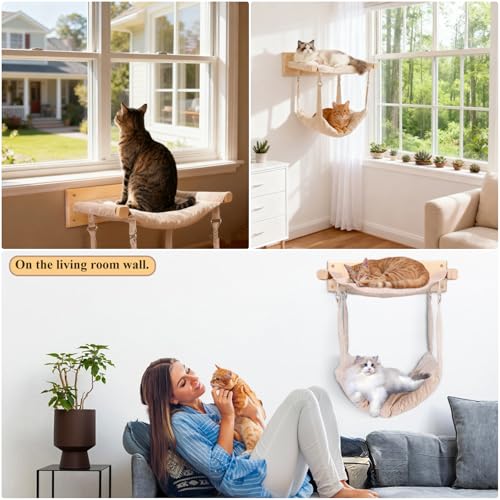 image for JSPYFITS Wooden Cat Wall Hammock, 18.9 x 12.6 Inch Double Layer Cat Fu