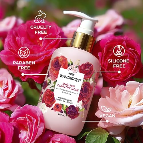 Image of Nykaa Wanderlust English Country Rose Moisturising Body Lotion, 250 ml |Rose blended with fresh Lily | Lightweight, Long-Lasting Hydration | Vegan, Paraben-Free I Suitable for All Skin Types