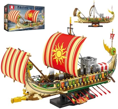 Reobrix Griechisches Piratenschiff Bausatz, Militärische Schiffe Modell | MOC Bausteine Schiff für Erwachsene, 66102 Kriegsschiff Klemmbausteine, Militär Wohnzimmer Deko, Geschenk