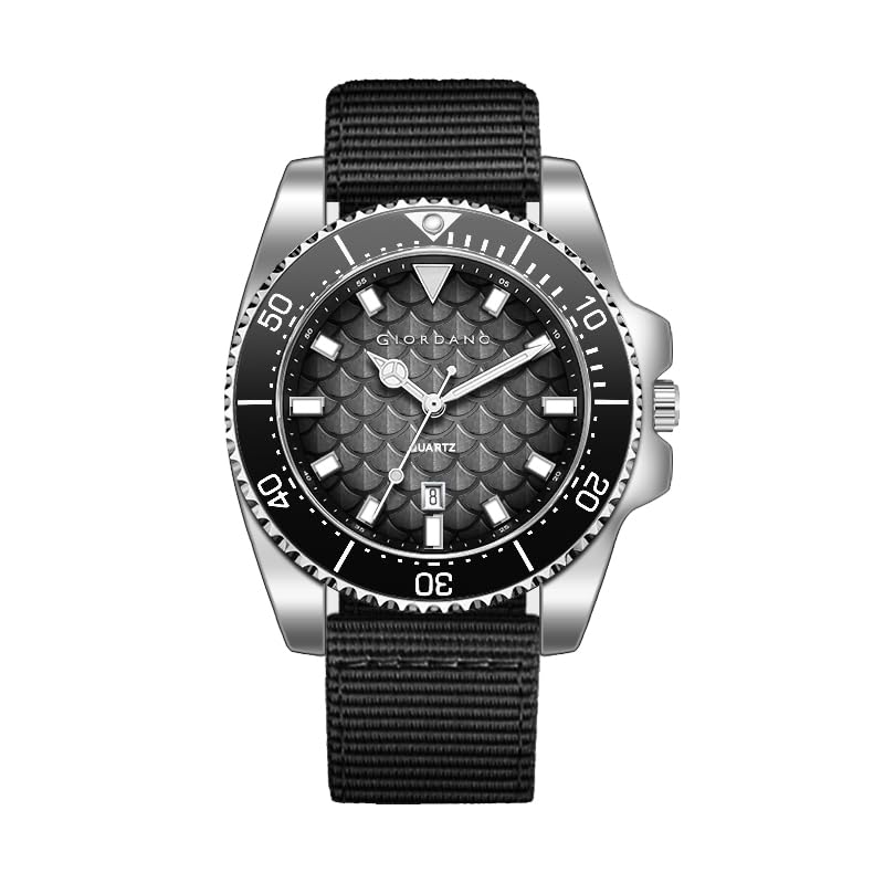 Image of Giordano Analog Quartz Watch for Men with Black Textured Fish Scale Dial, Luminous Hands & Markers, Date Window, Nylon NATO Strap, Rotating Bezel