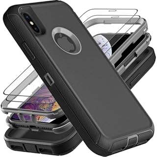 YKHJKLEC for iPhone X Case/iPhone Xs Case, Military Grade 3 in 1 Heavy Duty Shockproof/Drop Proof/Dust Proof Case with 2Pcs Tempered Glass Screen Protector (Black/Grey)