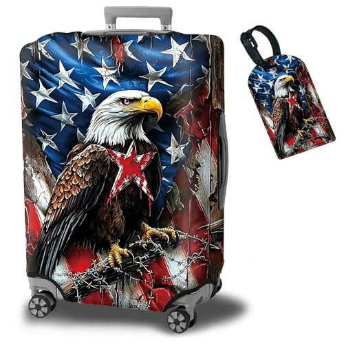 BWEGRHE Luggage Cover + Tag, Eagle American Flag Travel Suitcase Protector for 22-24 inch Luggage (M) with Concealed Zipper, Washable Elastic Cloth, Dustproof, Anti-Scratch