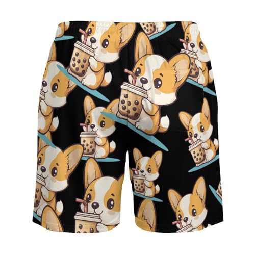 Corgi Dog Puppy Pearl Milk Tea Beach Shorts for Men Swim Trunks Quick Dry Swim Shorts with Compression Liner Pocket4