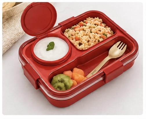 Image of Lunch Box with Compartments and Spork, Red