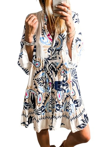 Image of miduo Womens Summer Dress Casual V Neck Buttoned 3 /4 Sleeve Bohemian Tribal Print Flowy Mini Dresses
