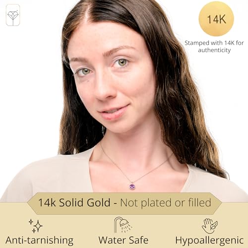 MAX + STONE 14k Yellow Gold Roped Halo Gemstone Round Pendant Necklace for Women 8mm Solitaire Birthstone with 18 Inch Cable Chain2