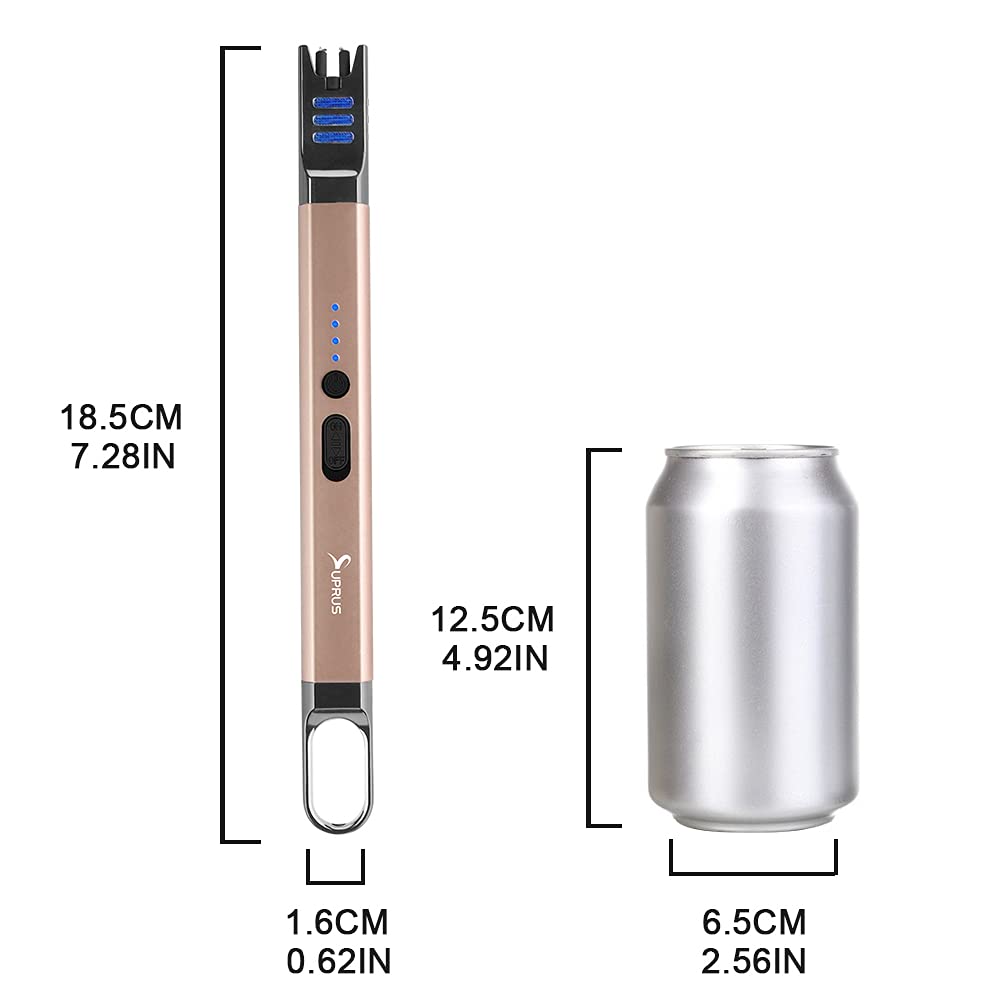 SUPRUS Zapalniczka do świec, elektryczna, z łukiem świetlnym, wiatroszczelna, bezpłomieniowa, do ponownego ładowania przez USB, z oświetleniem LED, na kemping, do grillowania, gotowania (złota)