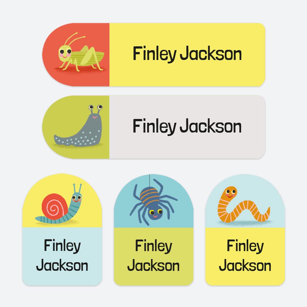 50 x No Iron Personalised Stick On Waterproof Washable Name Labels Great for Clothes, School Uniform, Equipment, Shoes. School, Nursery, Day Care, Hospital - Happy Bugs Spider