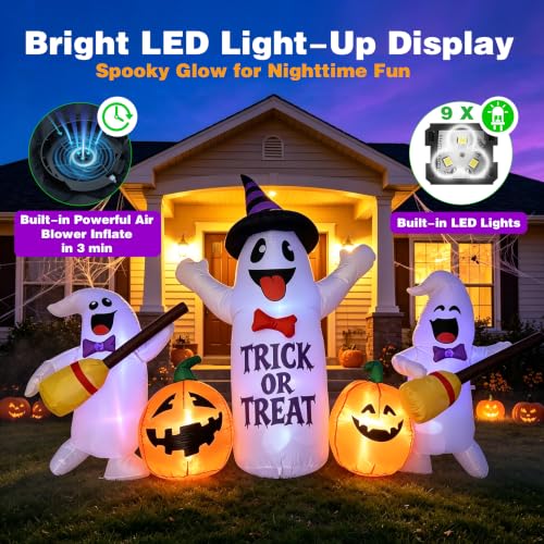 Image of 8FT Halloween Inflatable Ghosts with Broom & Pumpkins, LED Yard Decor