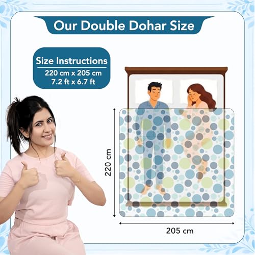 Image of Divine Casa 100% Cotton All Season Reversible Dohar Double Bed Size | AC Blanket | Lightweight Bed Blanket (Emerald and Aqua, Geometric)| TC - 120