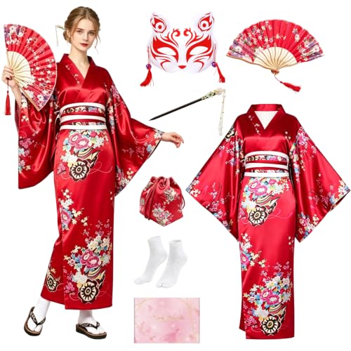 HEITOYI Geisha Yukata Japonés, Robe Kimono Mujer (Rojo)