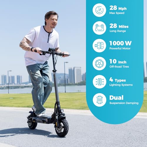 Electric Scooter for Adults, 28MPH Speed, 28Mile Range, 1000W Powerful Motor, 10″ Off-Road Tires, Dual Suspension & Ambient Light & Turn Signals, Commuting Foldable Scooter, App Supports