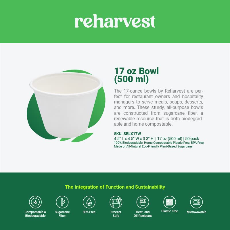 Reharvest 16 oz Soup Bowls [Pack of 50], 4.5-Inch Diameter, Heavy-Duty, 100% Biodegradable, Home Compostable, Plastic-Free, BPA-Free, Made of Eco-Friendly Plant-Based Sugarcane Bagasse Fibers - No Lid