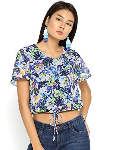 Image of Style Quotient Women Blue Printed Blouson Crop Top-Blue