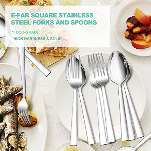 24-Piece Spoons And Forks Set, E-Far Stainless Steel Square 12 Dinner Forks And 12 Dinner Spoons, Modern Metal Silverware Flatware Cutlery For Kitchen And Restaurant, Dishwasher Safe-7.9 Inch #TOP6
