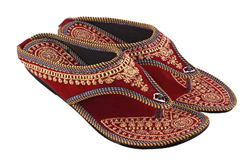 UNTHREAD Handmade Ethnic Womens Indian Traditional Khussa Shoes Phulkari Jutti Mojari Slip-ons Red, 3