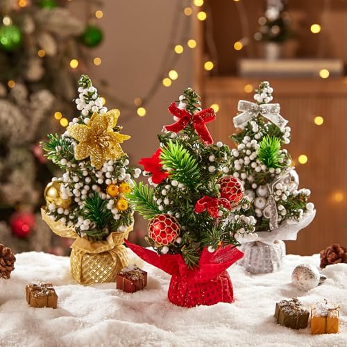 Warmiehomy 3PCS Samll Table Top Christmas Trees 7.8in/20cm Indoor Red & Gold & Silver Baubles Xmas Decorations Mini Artificial Christmas Tree for Home Office Desk Top Christmas Decor