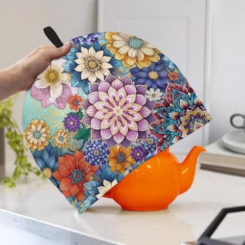 Image of Mandala Flower Tea Cozy Keep Warm Teapot Insulation Cover Bohemia Tea Cosy for Teapot Boho Home Kitchen Decorative