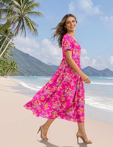 Image of YESNO Women's Summer Maxi Dresses Casual Floral Short Sleeve V Neck Boho Beach Vacation Swing Dress with Pockets EVF