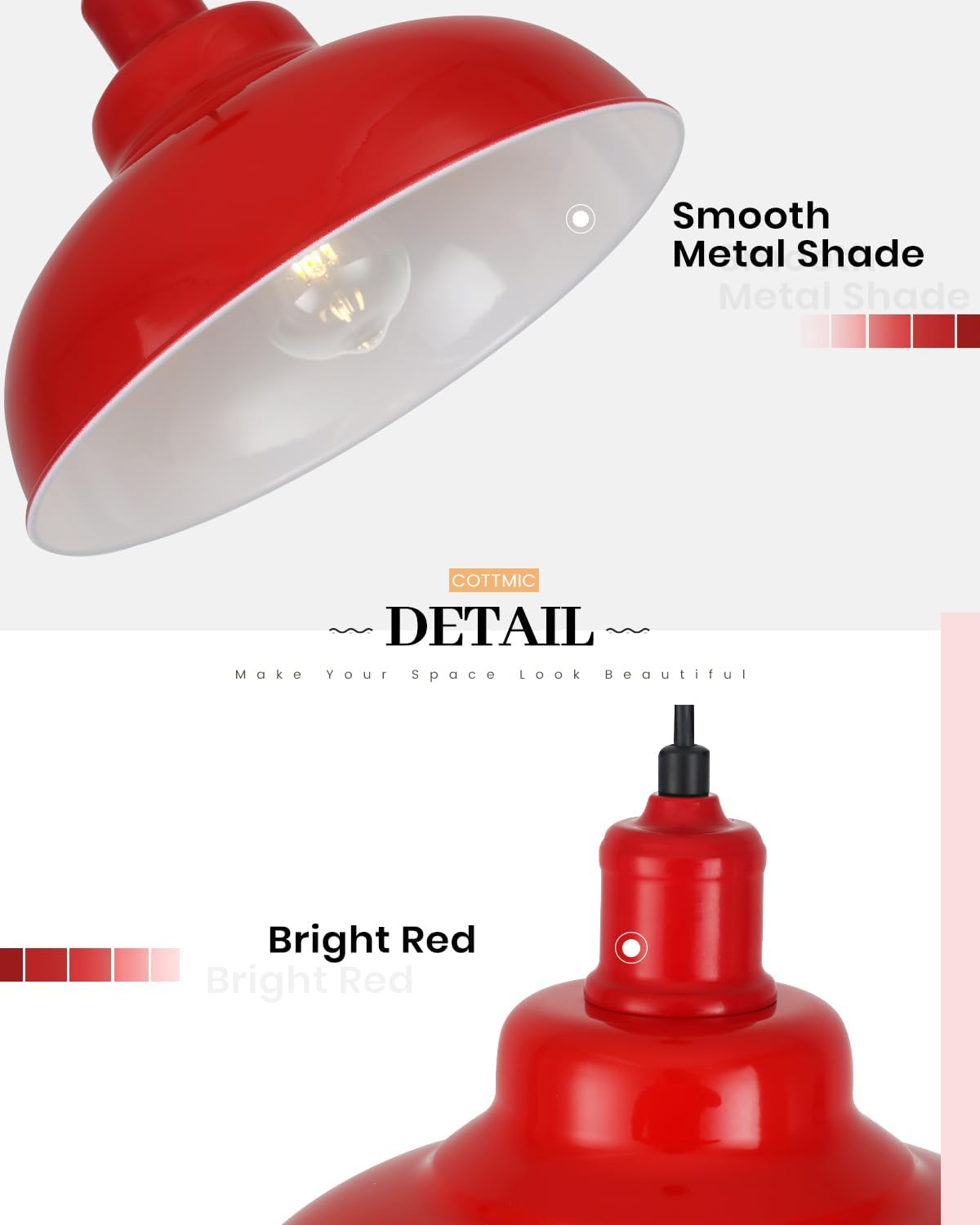 Red Dome Pendant Light 3 Pack, Farmhouse Pendant Lights Kitchen Island, 11.4’’ Industrial Metal Pendant Light Fixtures, Pendant Lighting for Dining Room Hallway Bar, Adjustable Height