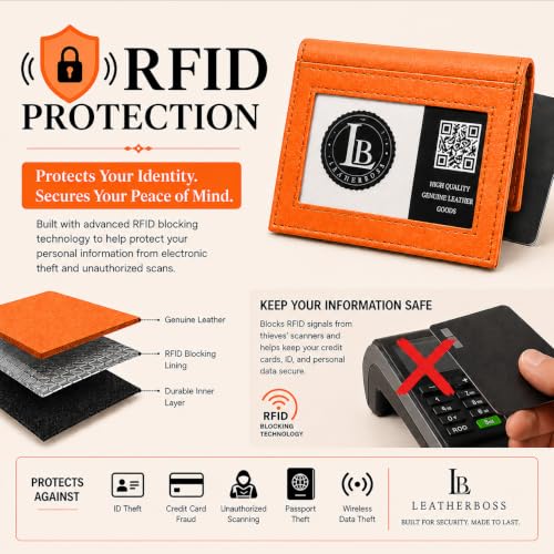 Image of LB LEATHERBOSS Slim Thin Leather Credit Card Triple ID Window Mini Wallet Bifold Driver License Safe (Orange)