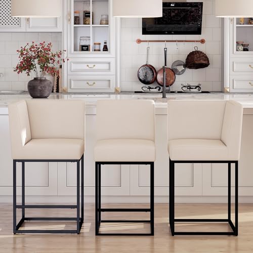 Image of HNY Modern Counter Height Bar Stools Set of 2, Linen Upholstered Contemporary Barstools with Back, 27 Inch Bar Chairs with Black Metal Frame for Kitchen Island, Cream
