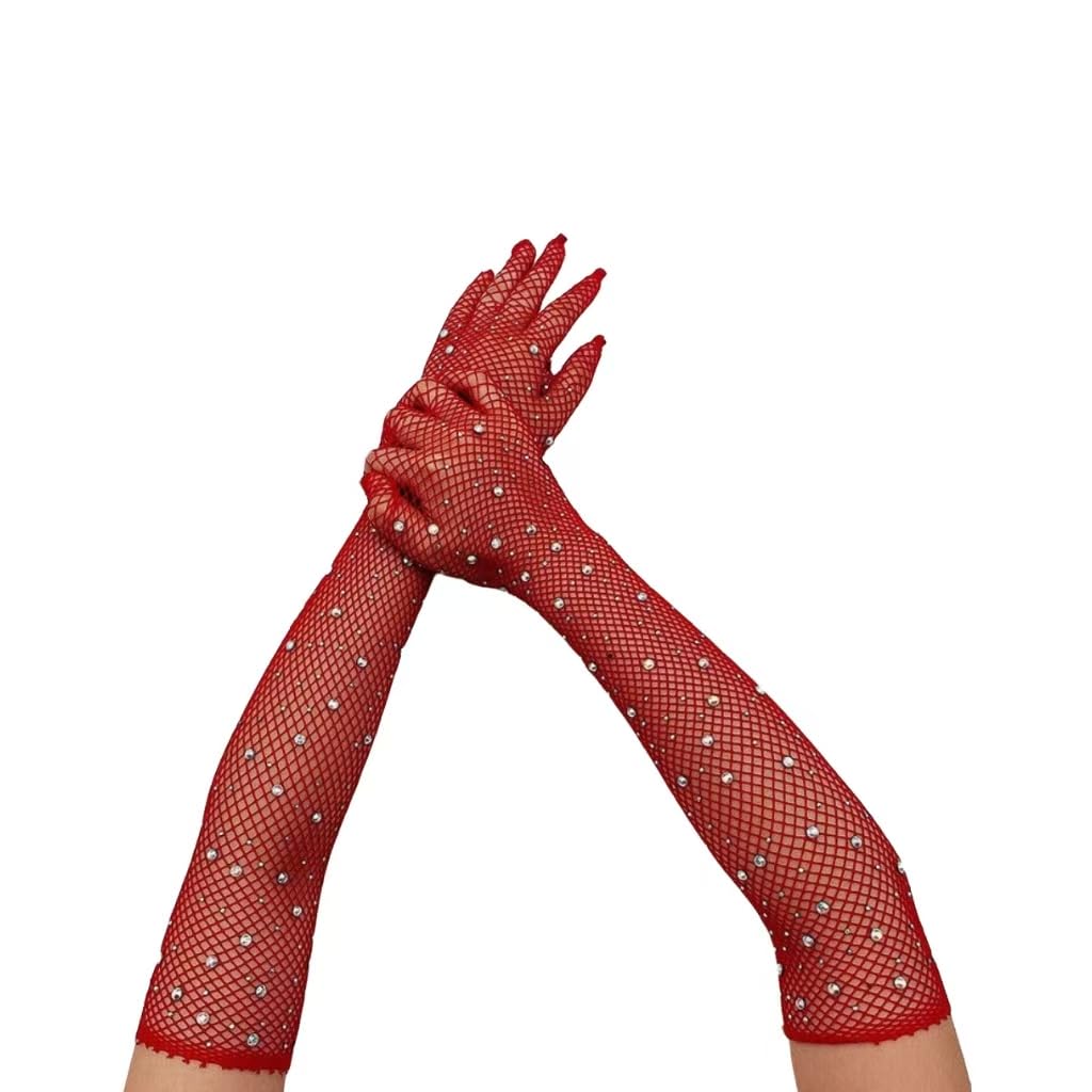 Mounteps 2 Pair Mesh Gloves Fishnet Crystal Rhinestone Long Full Finger Arm Opera Party Lace (Red, F)