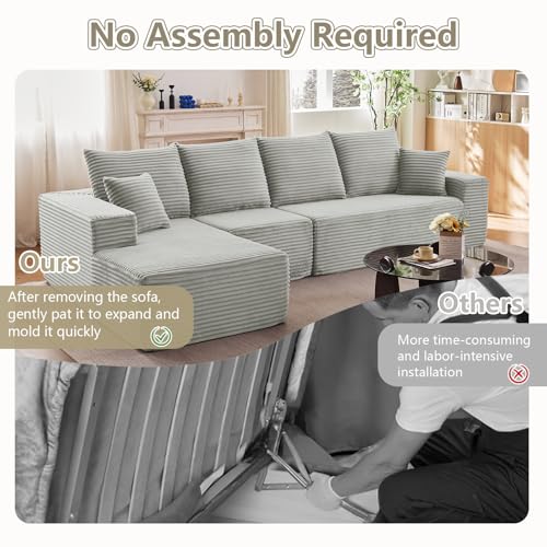 Image of 135 inch Cloud Sectional Couch with L-Shape Chaise, Upholstered Corduroy Couches Sleeper Chaise Longue, Modern Modular Comfy Deep Seat Sofa for Living Room Bedroom, No Assembly Required, Grey