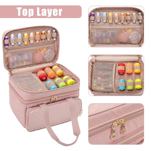 Image of YARWO Double-Layer Sewing Supplies Organizer Bag with 5 Detachable Dividers | Portable Sewing Accessories Storage Case, Multi Pockets for Sewing Kits, Top Handle, Gifts for Sewing Beginner, Dusty Rose