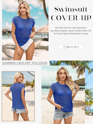 Image of Womens Summer Crochet Tops Hollow Out Cap Sleeve Cover Up Tank Top Pullover Sweater Vest Beach Vacation Clothes