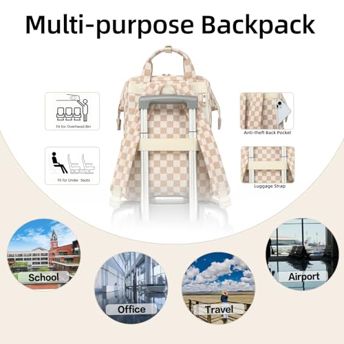 Image of Corduroy Laptop Backpack for Women 15.6 Inch Stylish College School Bookbag, Business Work & Travel Computer Backpacks (Checkered Brown)