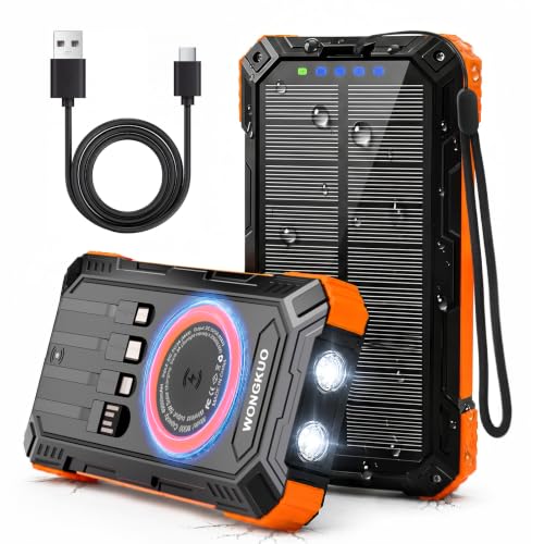Image of Solar Charger Power Bank - 49800mAh Solar Phone Charger with USB-C in /Output, QC 3.0 Fast Charging with LED Flashlight, Built-in 4 Cables, IP65 Waterproof Fits for Outdoor (Orange)