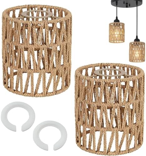 Lot De 2 Abat-jour En Rotin Tressé - 20,5 X 14 X 14 Cm, Couleur Kaki - Pour Culot E14/E27, Déco Naturelle Salon/chambre - 6