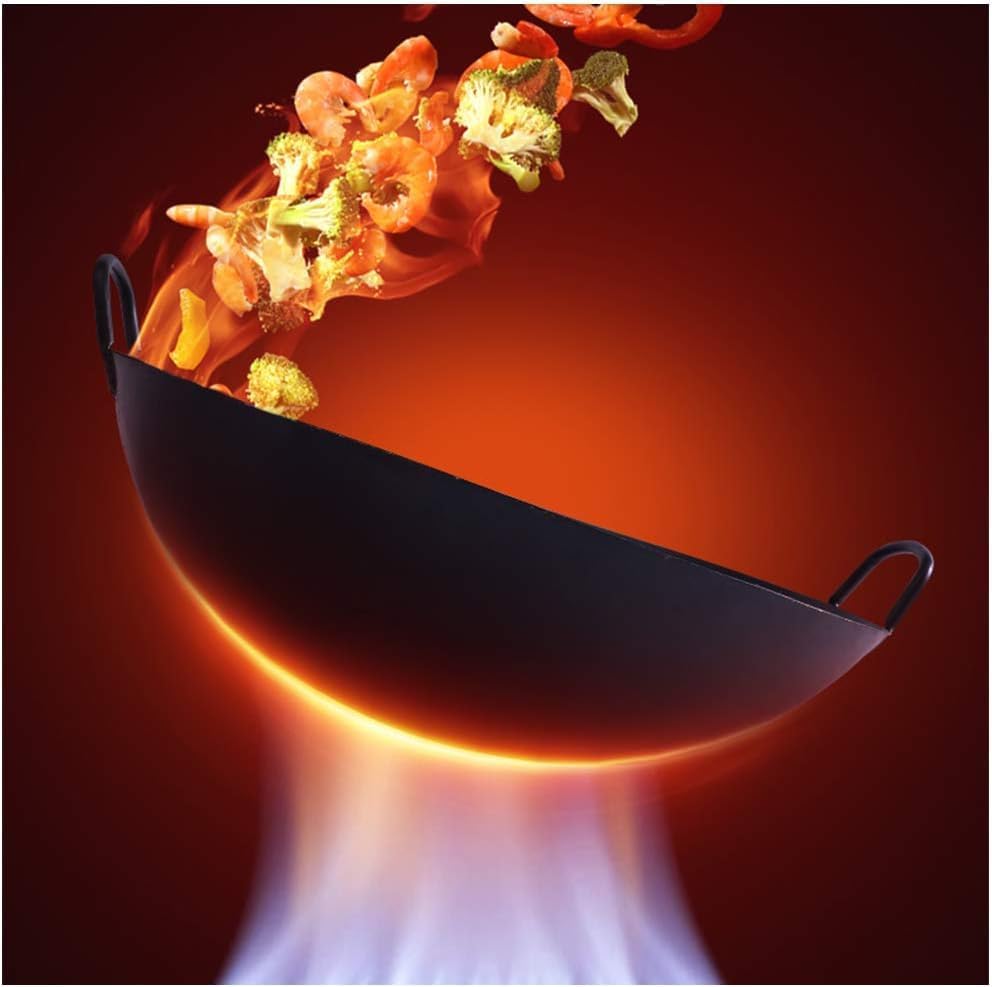 22-Inch Traditional Hand-Hammered Cast Iron Wok - Heavy-Duty Chef's Pot for High-Capacity Meals, Non-Rust, Ideal for Family Cooking & Outdoor Use (50cm)