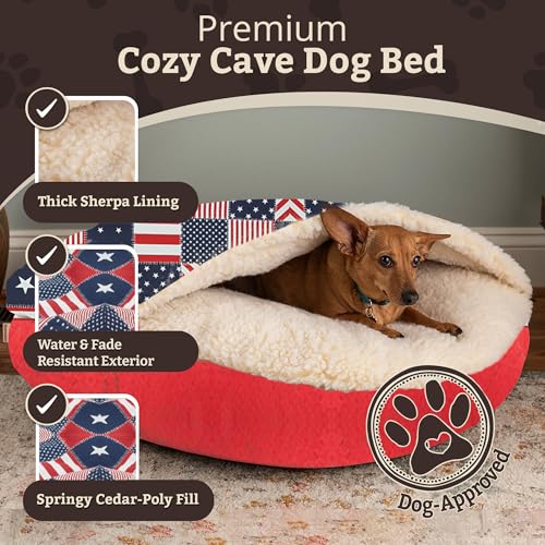 Image of Snoozer Cozy Cave Dog Bed, Round Covered Dog Bed, Starpatch Red Diamond (S)