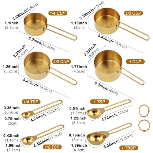 Set de 8 piezas vasos y cucharas medidoras acero inoxidable dorado miniatura 3