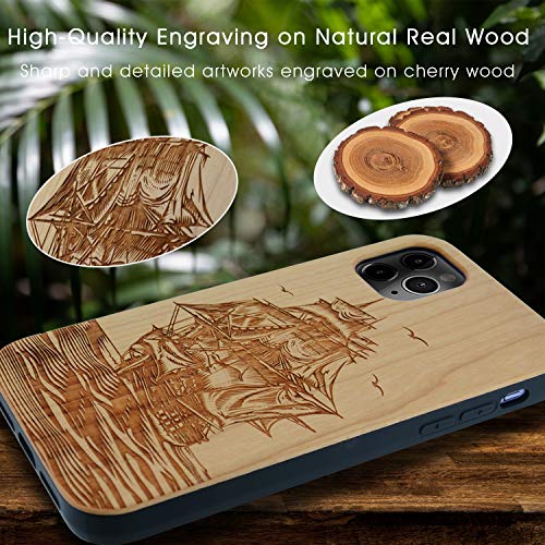 Iproductsus Compatible With Iphone 13 Pro Max (6.7") Wood Phone Case And Screen Protector, Real Cherry Pirate Boat Engraved In Usa, Cool Wooden Tpu Protective Cover For Iphone 13 Promax 2021 #TOP3