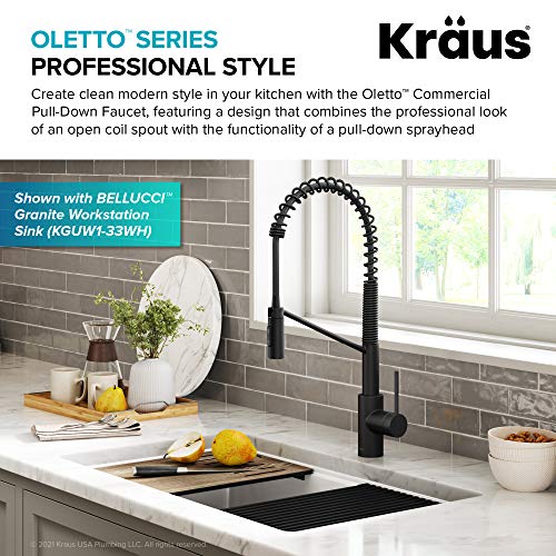 Image of KRAUS Oletto Commercial Style Single Handle Pull Down Kitchen Faucet with QuickDock Top Mount Installation Assembly in Matte Black, KPF-2631MB