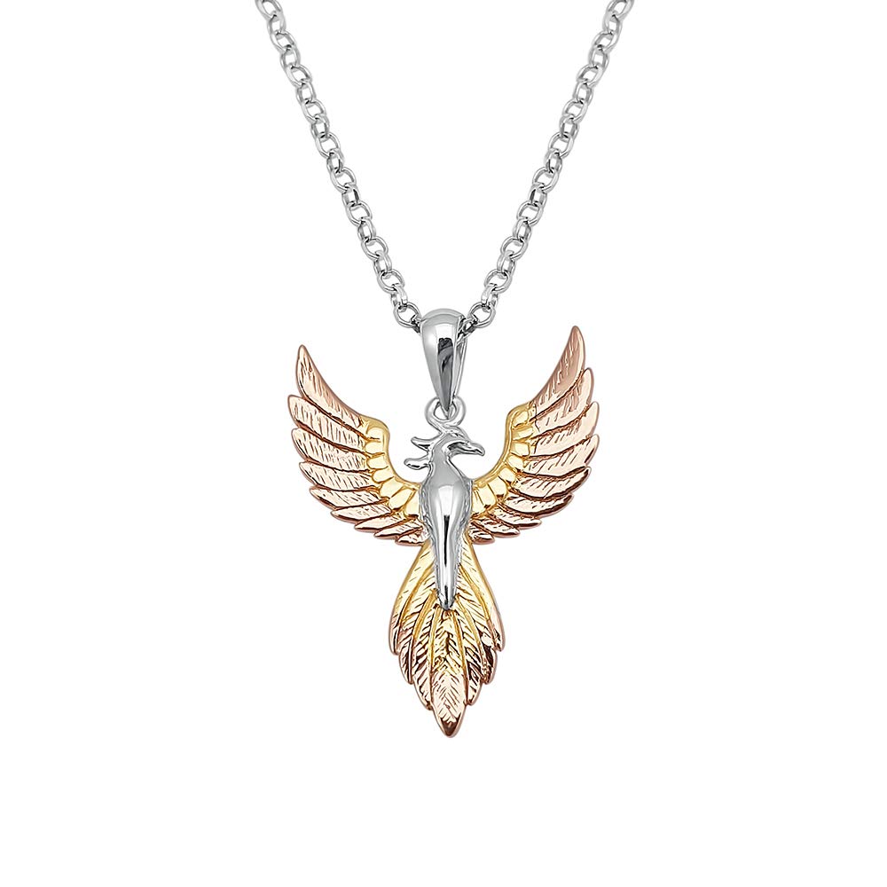 Collar con colgante de pájaro fénix chapado en oro de 2 tonos en plata de ley 925 en cadena de plata de ley de 45,7 cm., Plata esterlina, Diamante